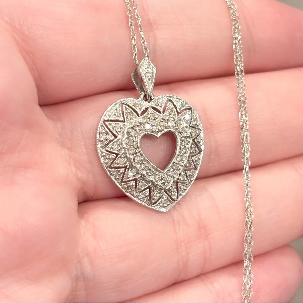 10K Diamond Heart Necklace, Dainty Filigree, Lavalier Style, White Gold, ADL - Picture 6 of 12
